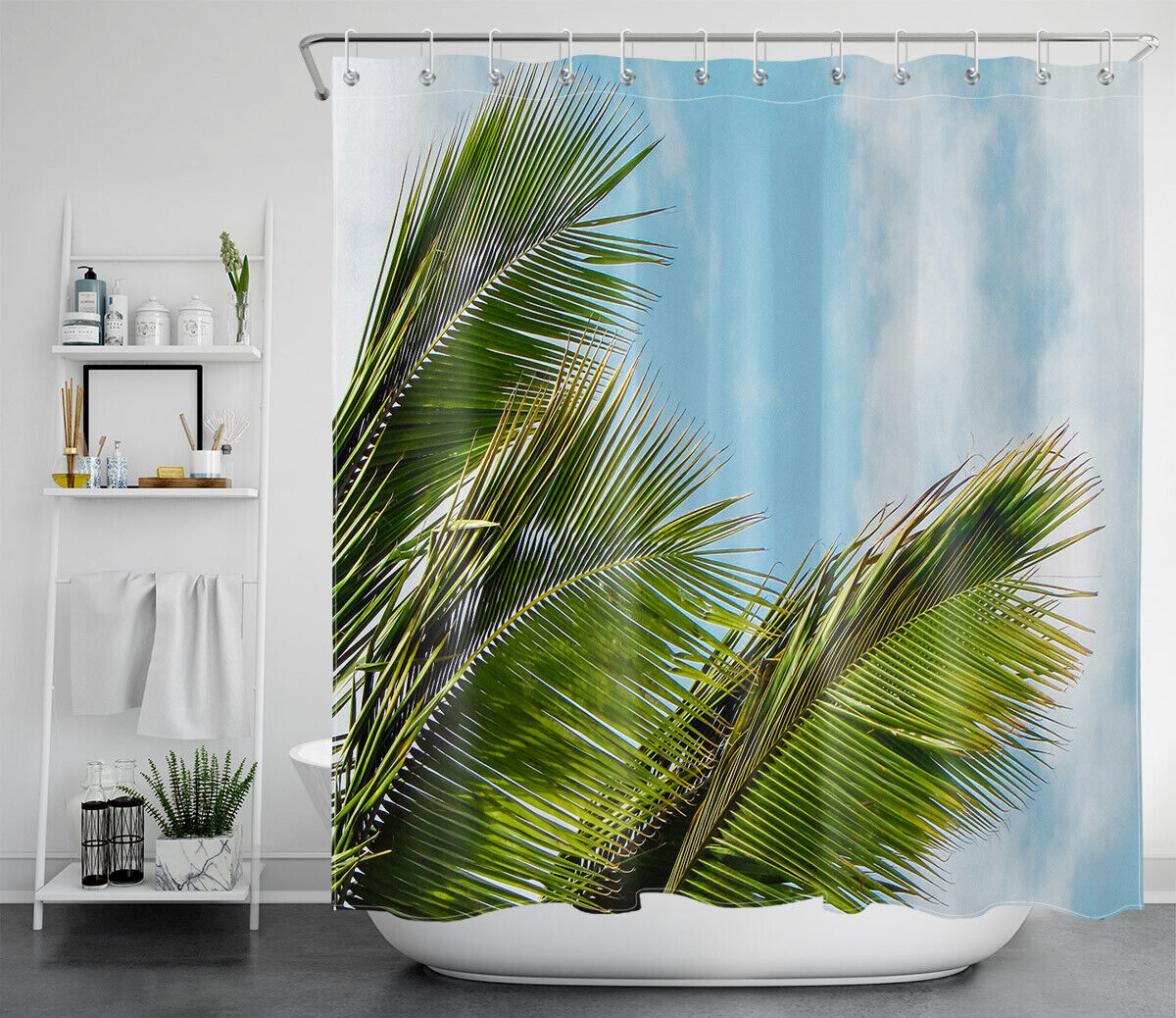 Blue Sky and Clouds Tropical Palm Leaf Shower Curtain, Waterproof for Bathroom Decor