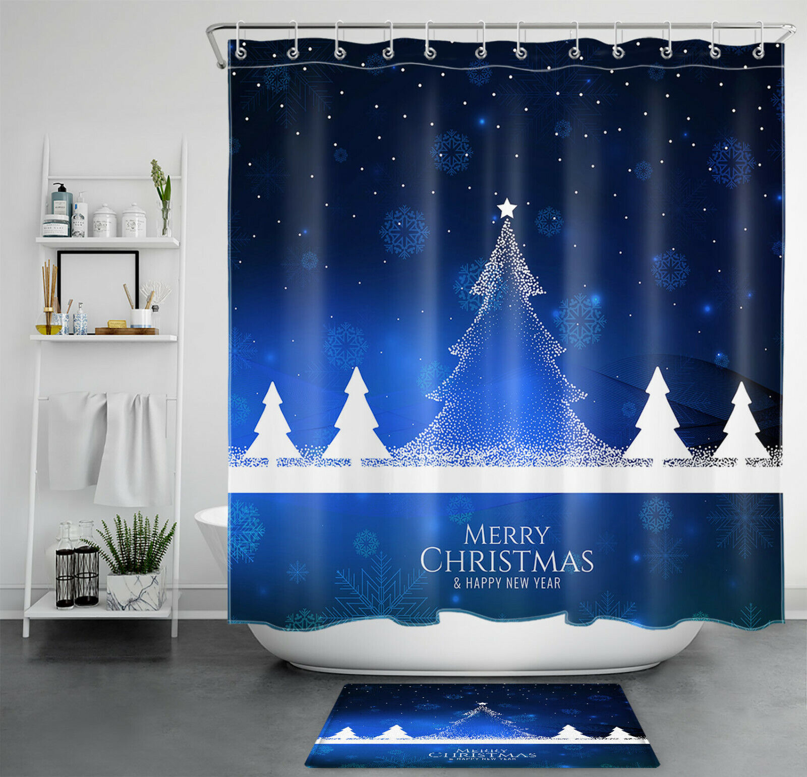 Blue Snowflake Abstract Xmas Tree Shower Curtain - Modern Bathroom Decor