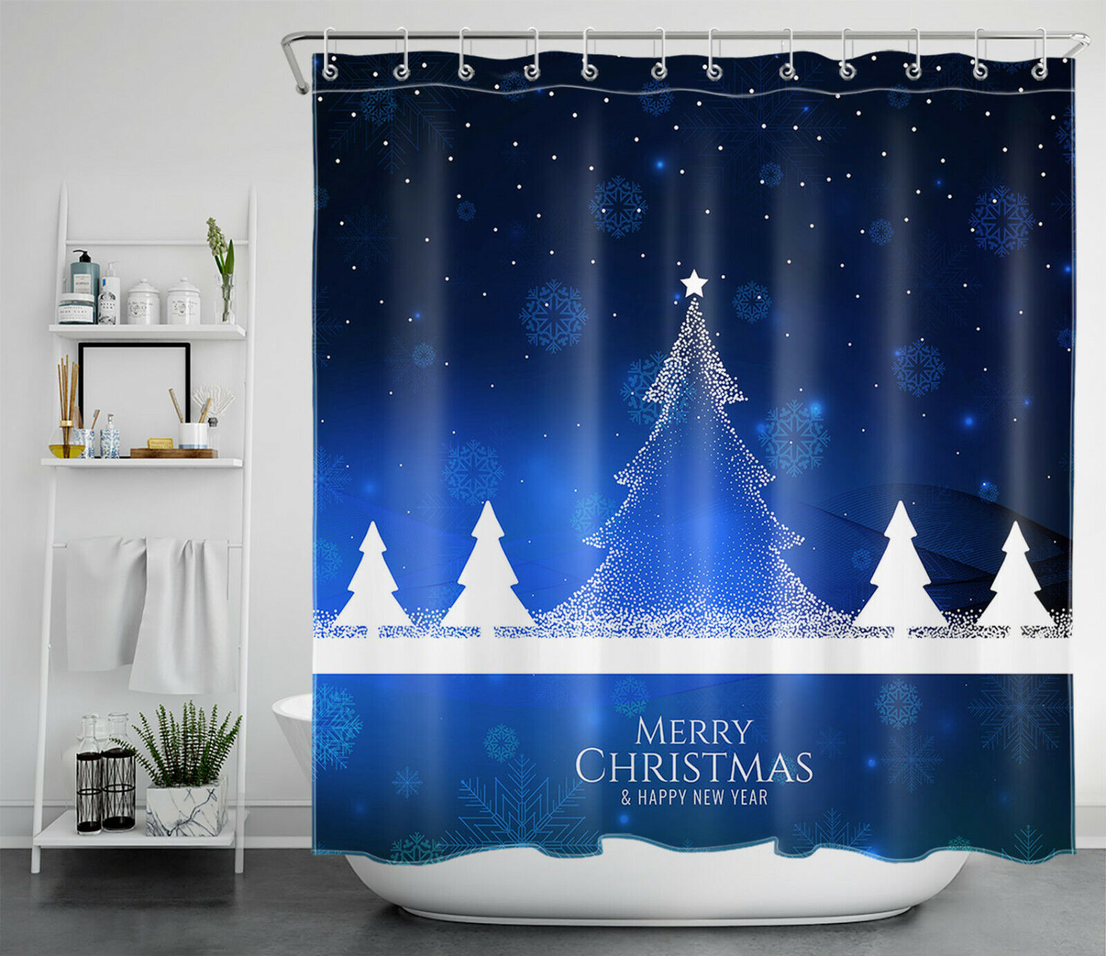 Blue Snowflake Abstract Xmas Tree Shower Curtain - Modern Bathroom Decor