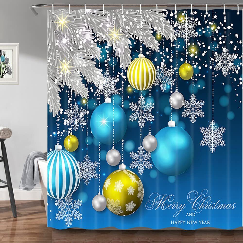 Blue Snowflake Christmas Shower Curtain - Waterproof Fabric Bathroom Decor - Image 2