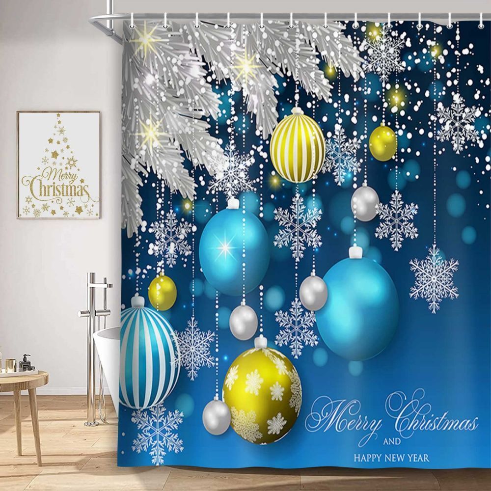 Blue Snowflake Christmas Shower Curtain - Waterproof Fabric Bathroom Decor - Image 3