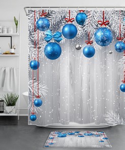 Blue Snowflake Pine Branch Christmas Ball Shower Curtain