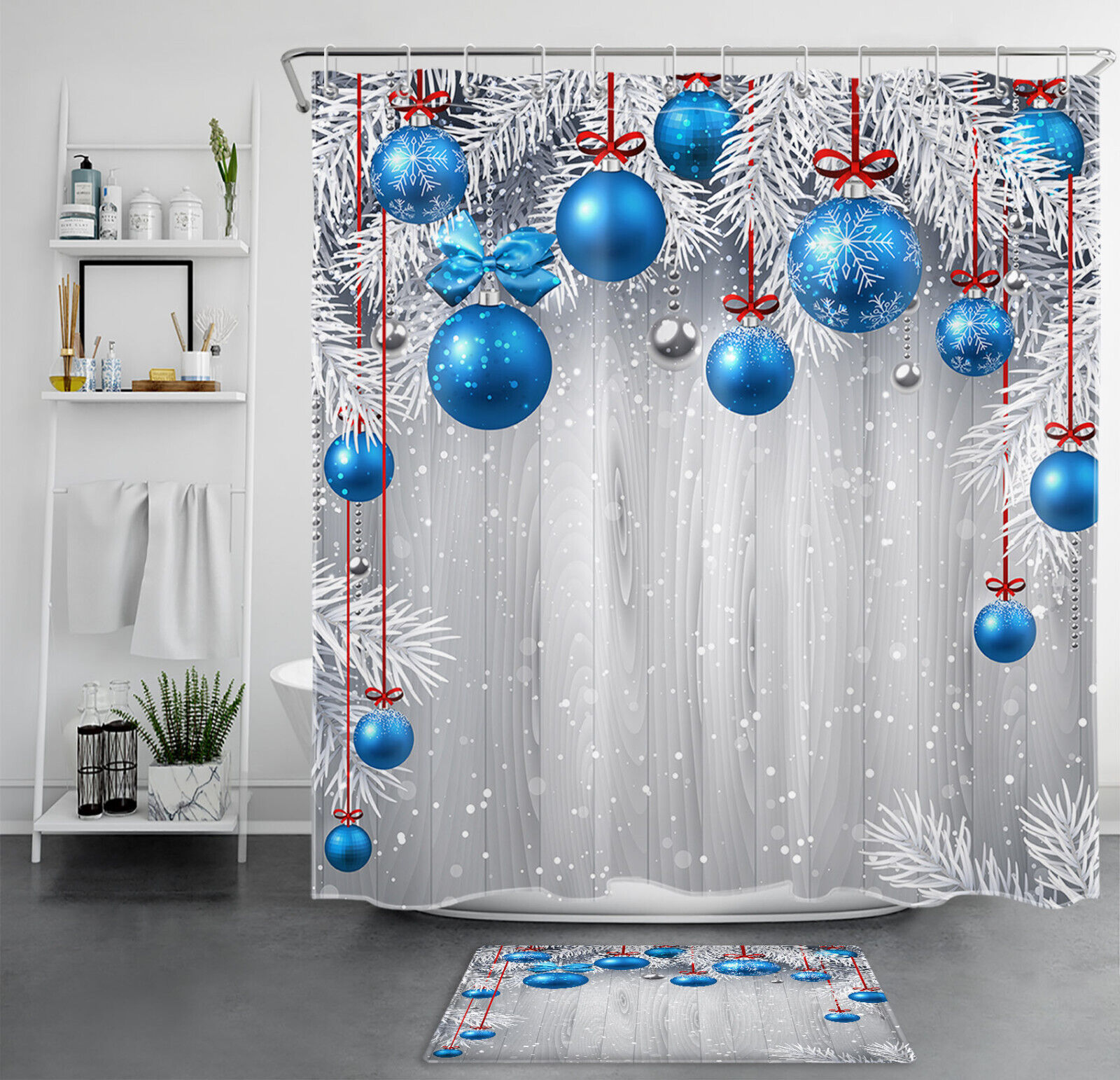 Blue Snowflake Pine Branch Christmas Ball Shower Curtain
