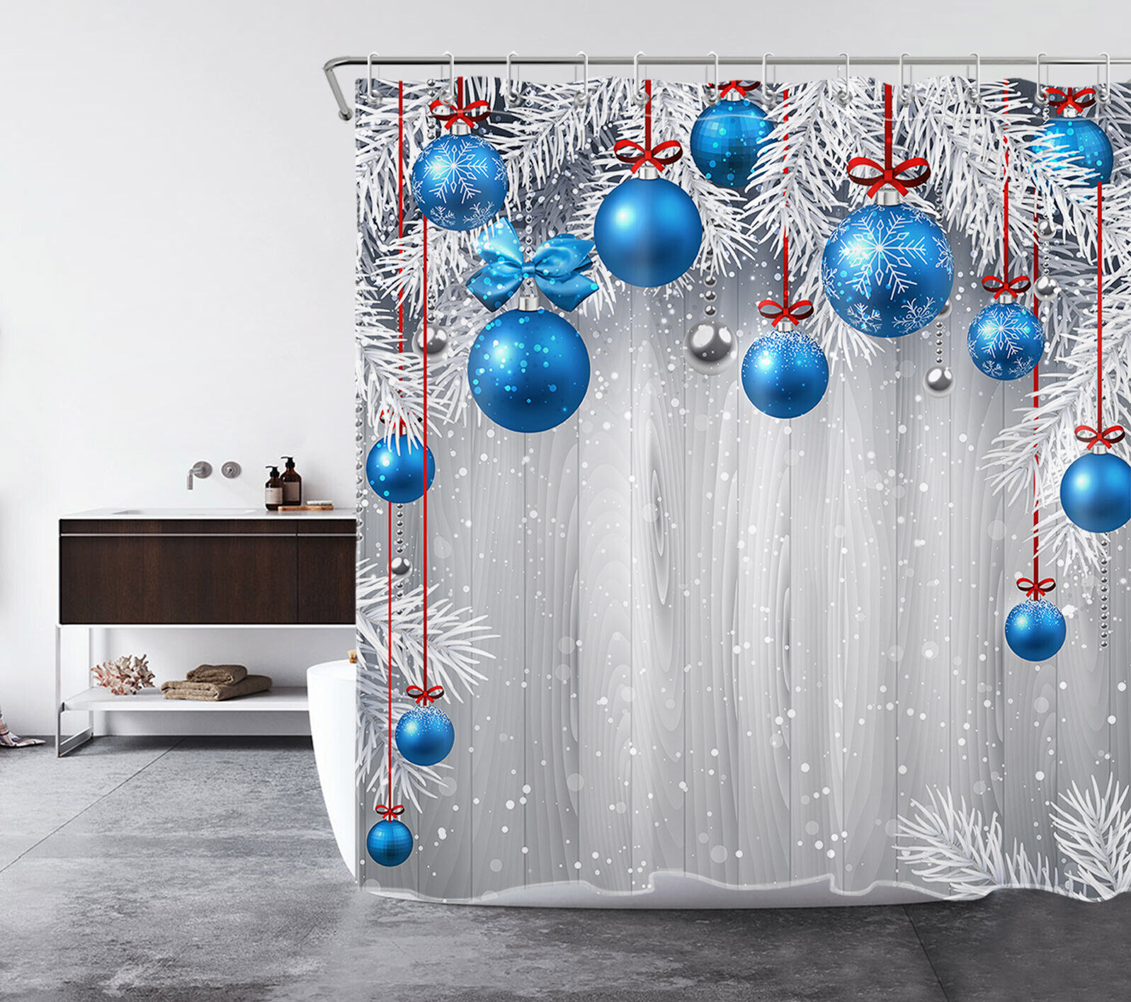 Blue Snowflake Pine Branch Christmas Ball Shower Curtain