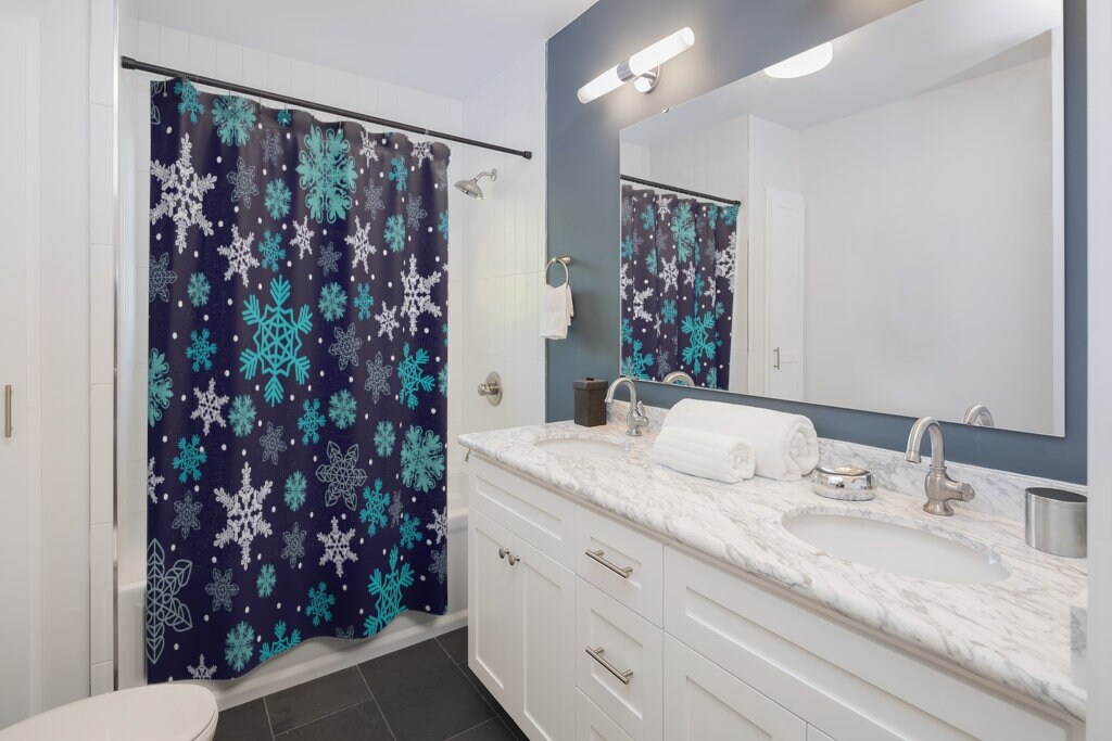 Blue Snowflake Winter Shower Curtain for Bathroom Decor