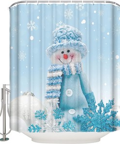 Blue Snowman Shower Curtain | Cute Merry Christmas Snowflake Bathroom Decor