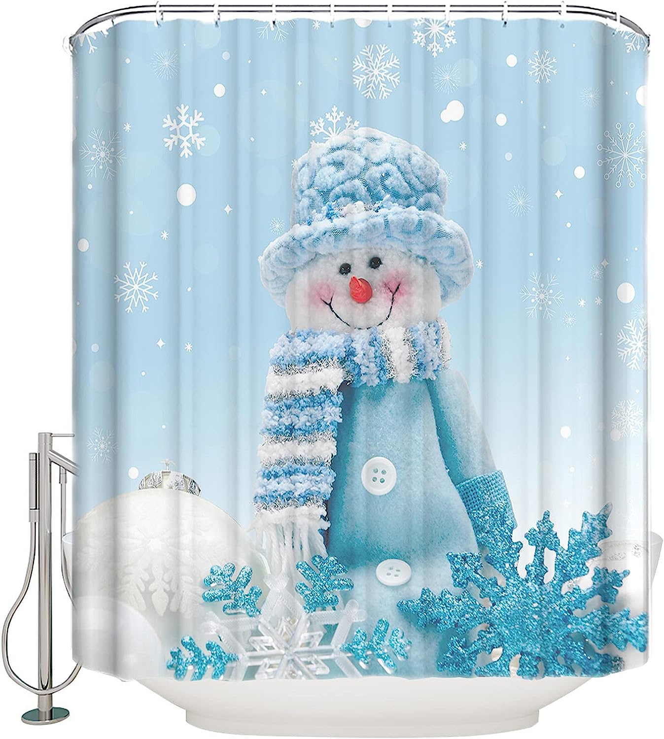Blue Snowman Shower Curtain | Cute Merry Christmas Snowflake Bathroom Decor