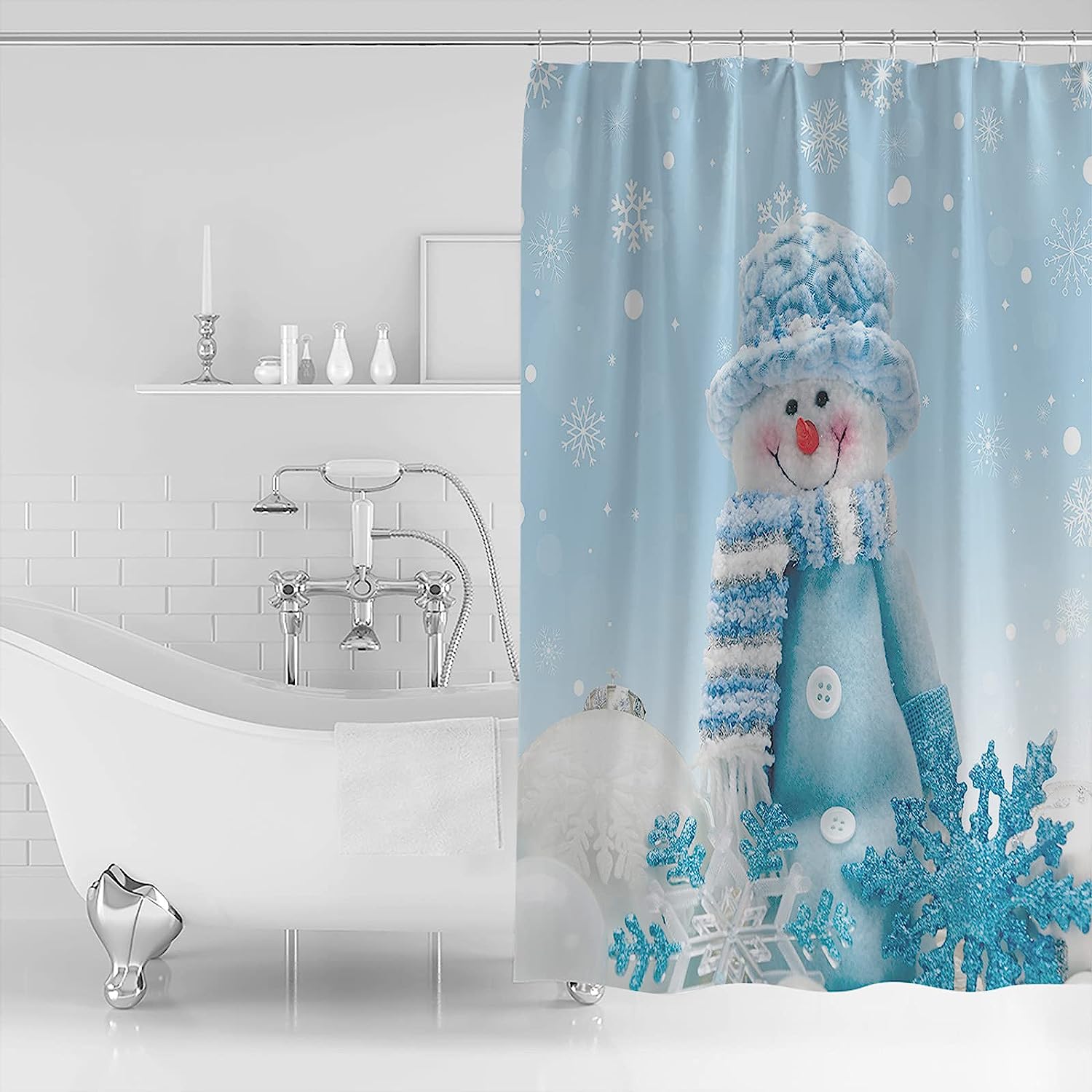 Blue Snowman Shower Curtain | Cute Merry Christmas Snowflake Bathroom Decor - Image 2