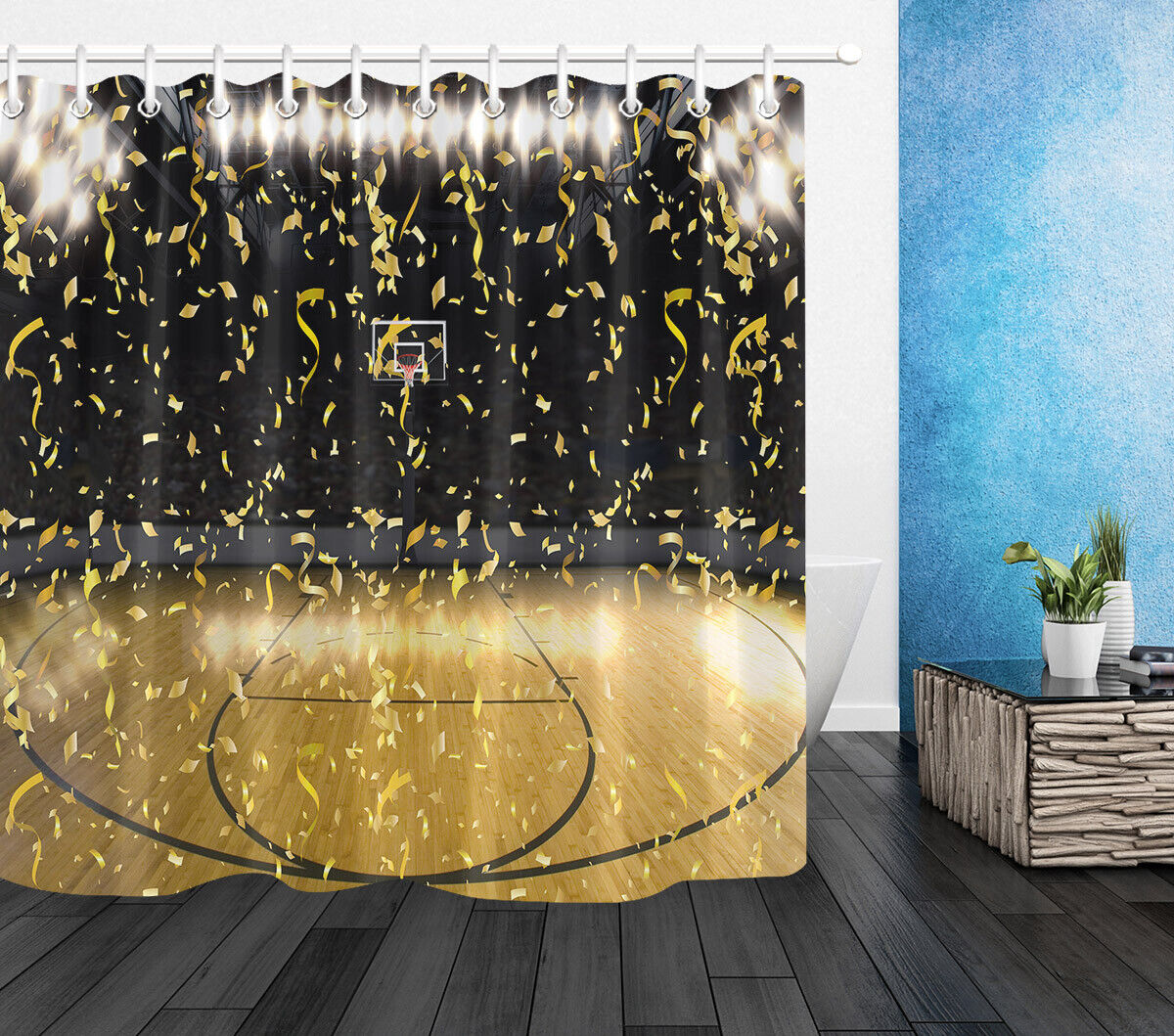 Blue Soccer Baseball Basketball Sports Fabric Shower Curtain for Kids Boys' Bath