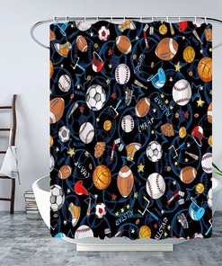 Blue Sports Shower Curtain for Boys Teens with Basketball, Football, Baseball, Soccer, Hockey and Star Pattern