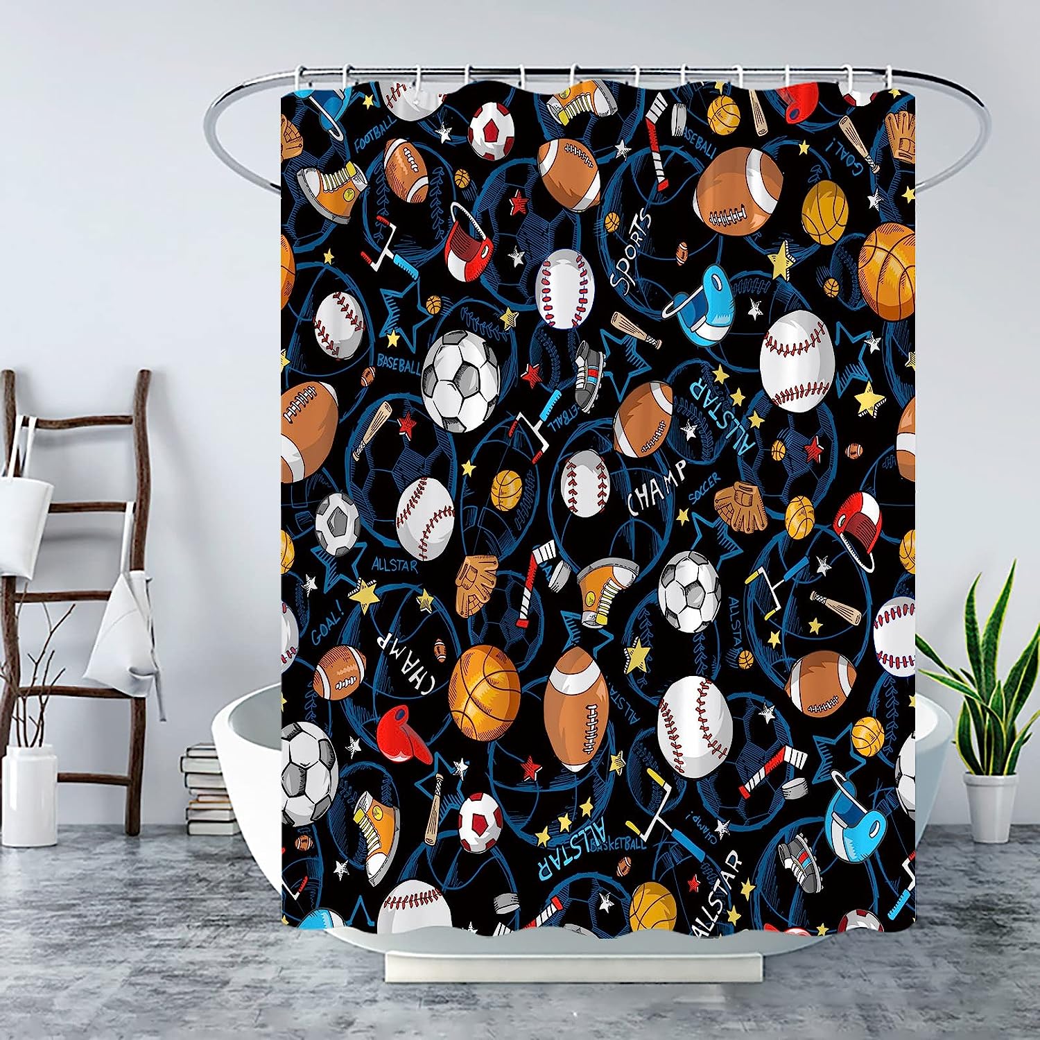 Blue Sports Shower Curtain for Boys Teens with Basketball, Football, Baseball, Soccer, Hockey and Star Pattern