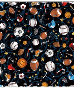 Blue Sports Shower Curtain for Boys Teens with Basketball, Football, Baseball, Soccer, Hockey and Star Pattern