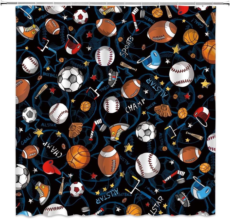 Blue Sports Shower Curtain for Boys Teens with Basketball, Football, Baseball, Soccer, Hockey and Star Pattern