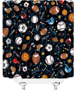 Blue Sports Shower Curtain for Boys Teens with Basketball, Football, Baseball, Soccer, Hockey and Star Pattern