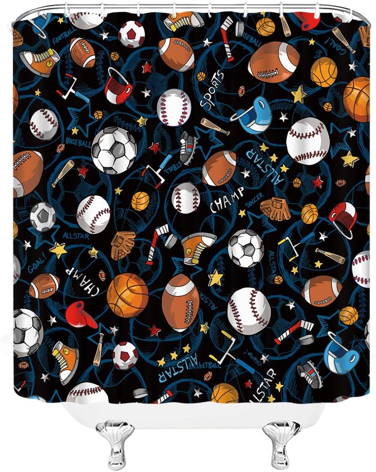 Blue Sports Shower Curtain for Boys Teens with Basketball, Football, Baseball, Soccer, Hockey and Star Pattern