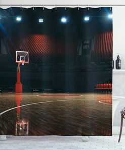 Blue Sports Shower Curtain for Kids with Basketball, Football, Baseball, and Hockey Pattern