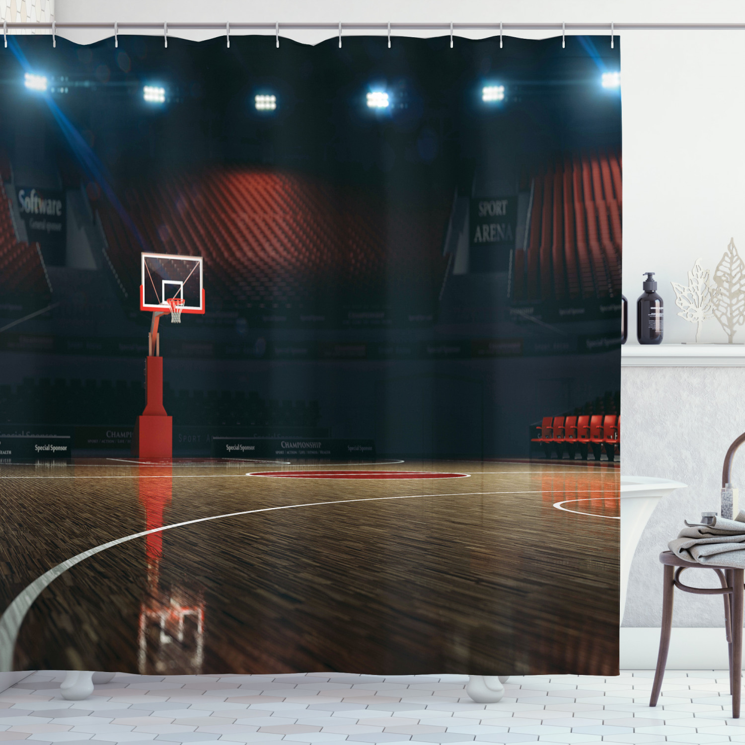 Blue Sports Shower Curtain for Kids with Basketball, Football, Baseball, and Hockey Pattern