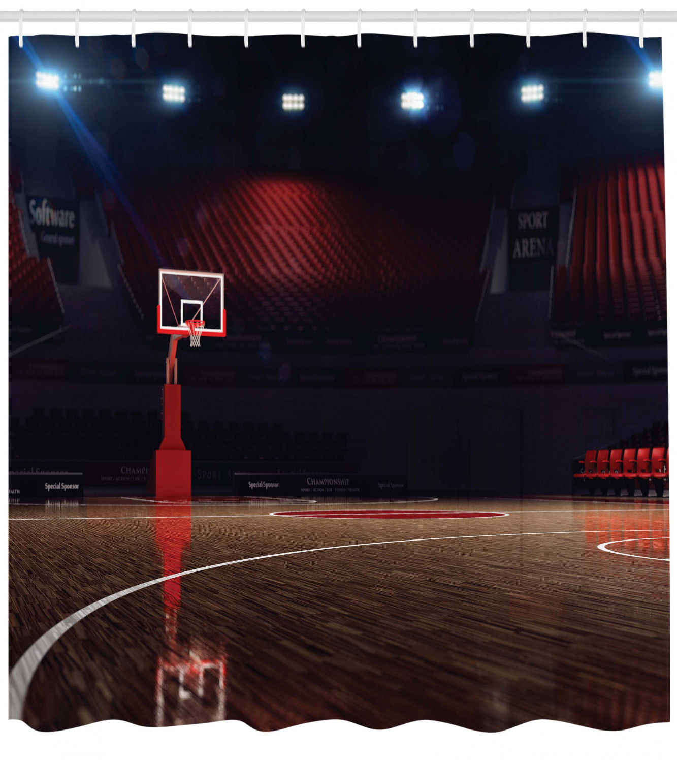 Blue Sports Shower Curtain for Kids with Basketball, Football, Baseball, and Hockey Pattern