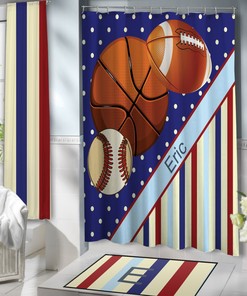 Blue Sports Shower Curtain with Baseball, Basketball, and Football Print for Teen Boys' Bathroom 