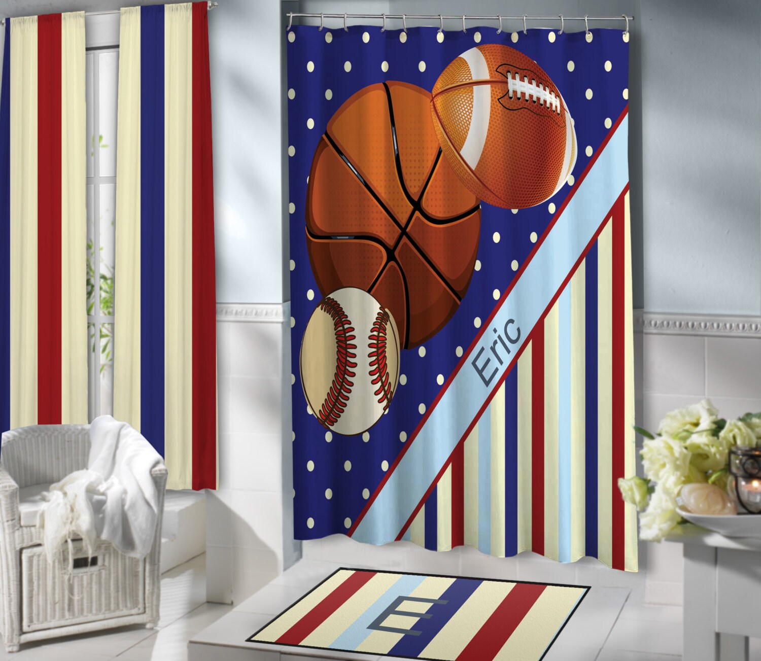 Blue Sports Shower Curtain with Baseball, Basketball, and Football Print for Teen Boys' Bathroom