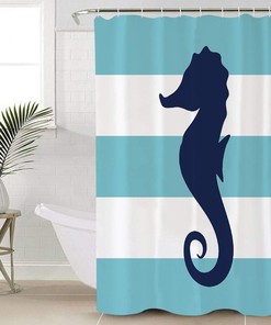 Blue Striped Seahorse Shower Curtain for Nautical Themed Bathroom