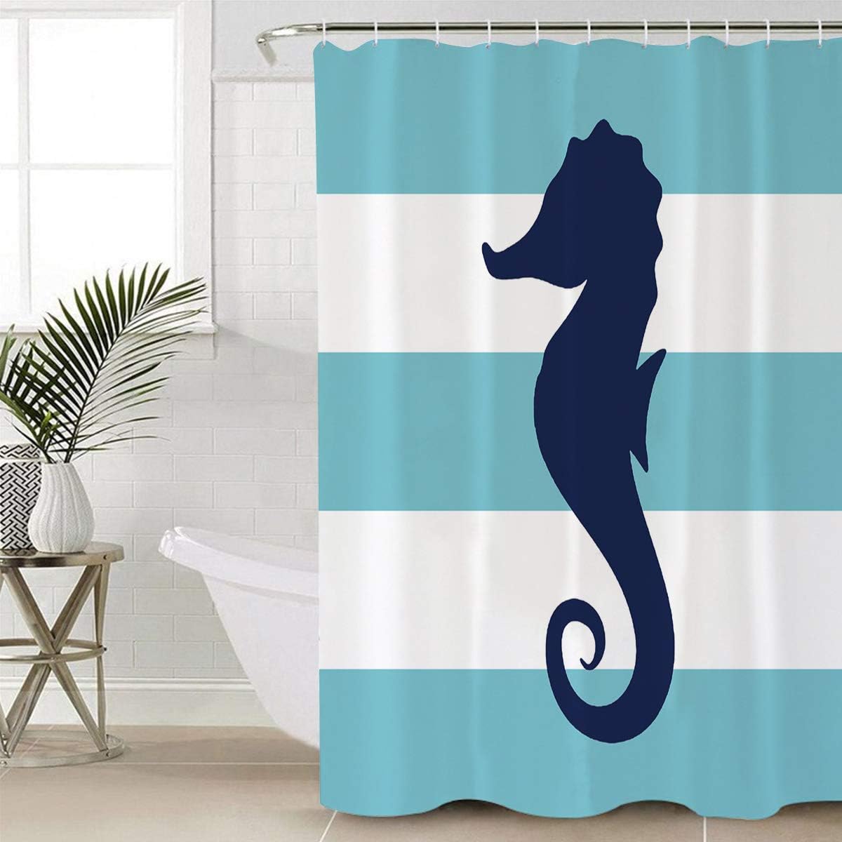 Blue Striped Seahorse Shower Curtain for Nautical Themed Bathroom