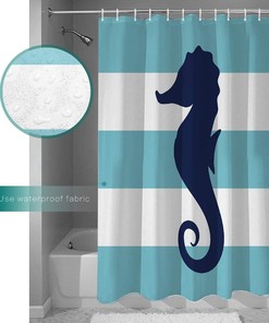 Blue Striped Seahorse Shower Curtain for Nautical Themed Bathroom