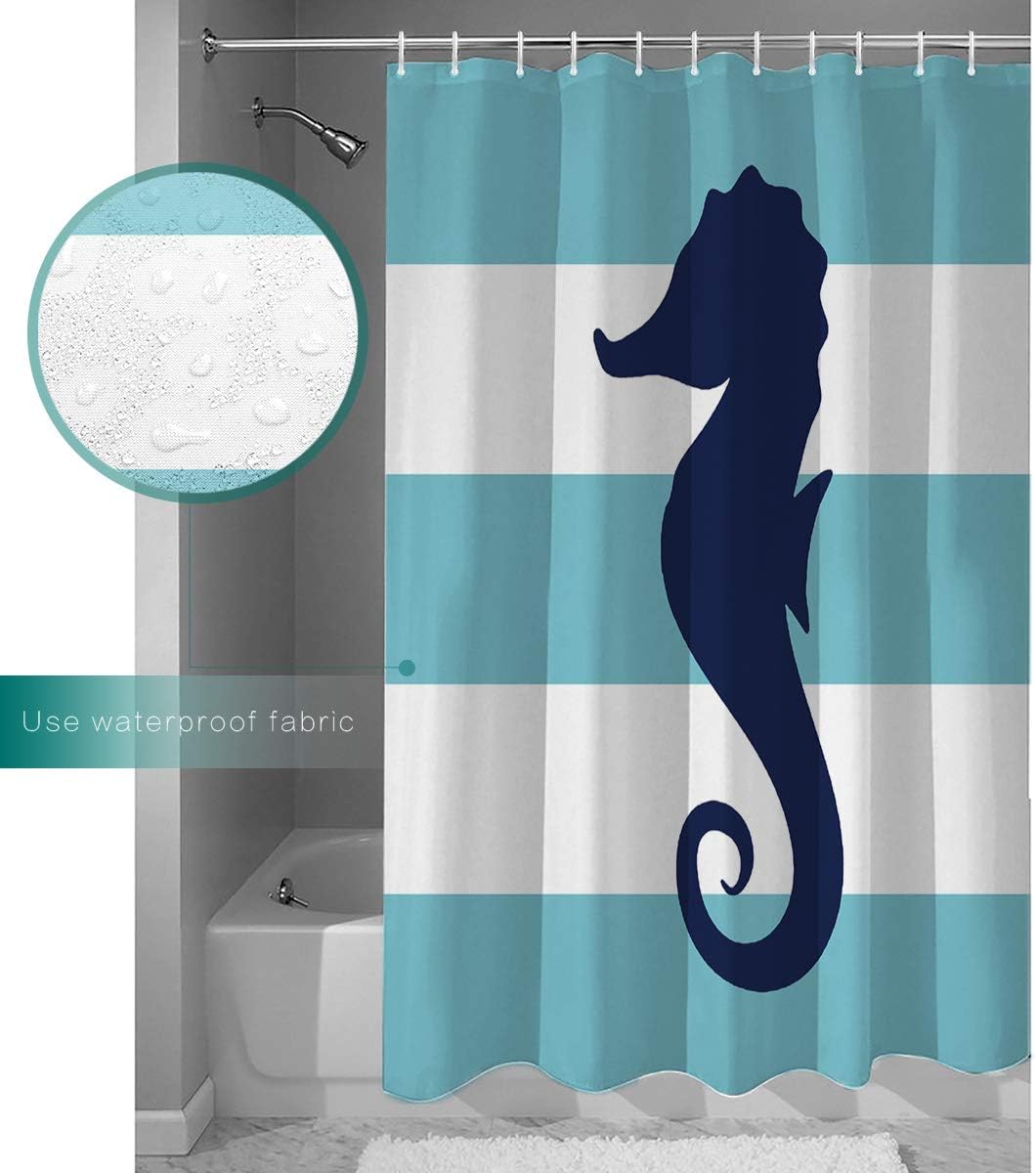 Blue Striped Seahorse Shower Curtain for Nautical Themed Bathroom