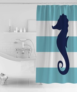 Blue Striped Seahorse Shower Curtain for Nautical Themed Bathroom