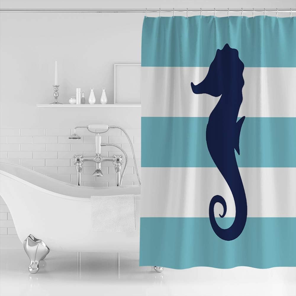 Blue Striped Seahorse Shower Curtain for Nautical Themed Bathroom