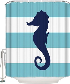 Blue Striped Seahorse Shower Curtain for Nautical Themed Bathroom