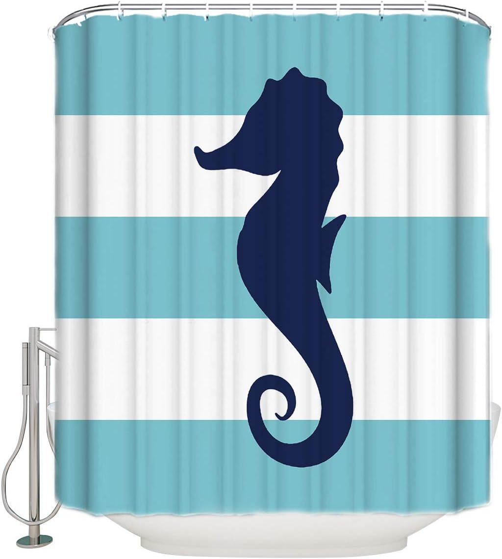 Blue Striped Seahorse Shower Curtain for Nautical Themed Bathroom