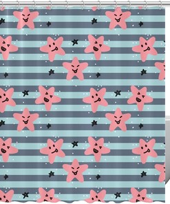 Blue Striped Shower Curtain with Smiling Stars Design