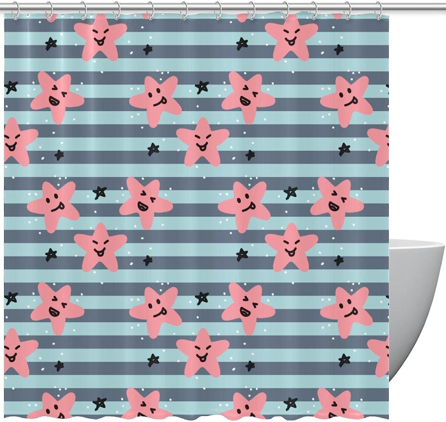 Blue Striped Shower Curtain with Smiling Stars Design