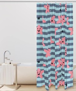 Blue Striped Shower Curtain with Smiling Stars Design