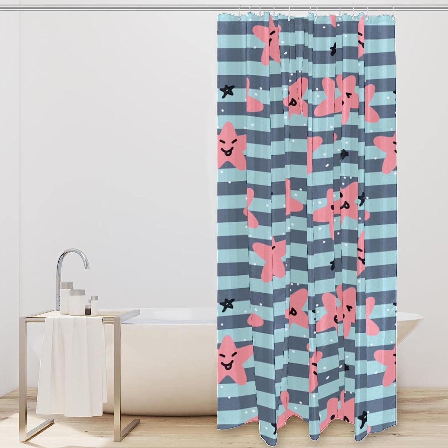 Blue Striped Shower Curtain with Smiling Stars Design