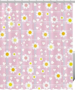 Blue Stripes and Pink Floral Heart Shower Curtain