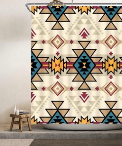 Blue Tan Beige Aztec Shower Curtain For Southwest Bathroom Decor