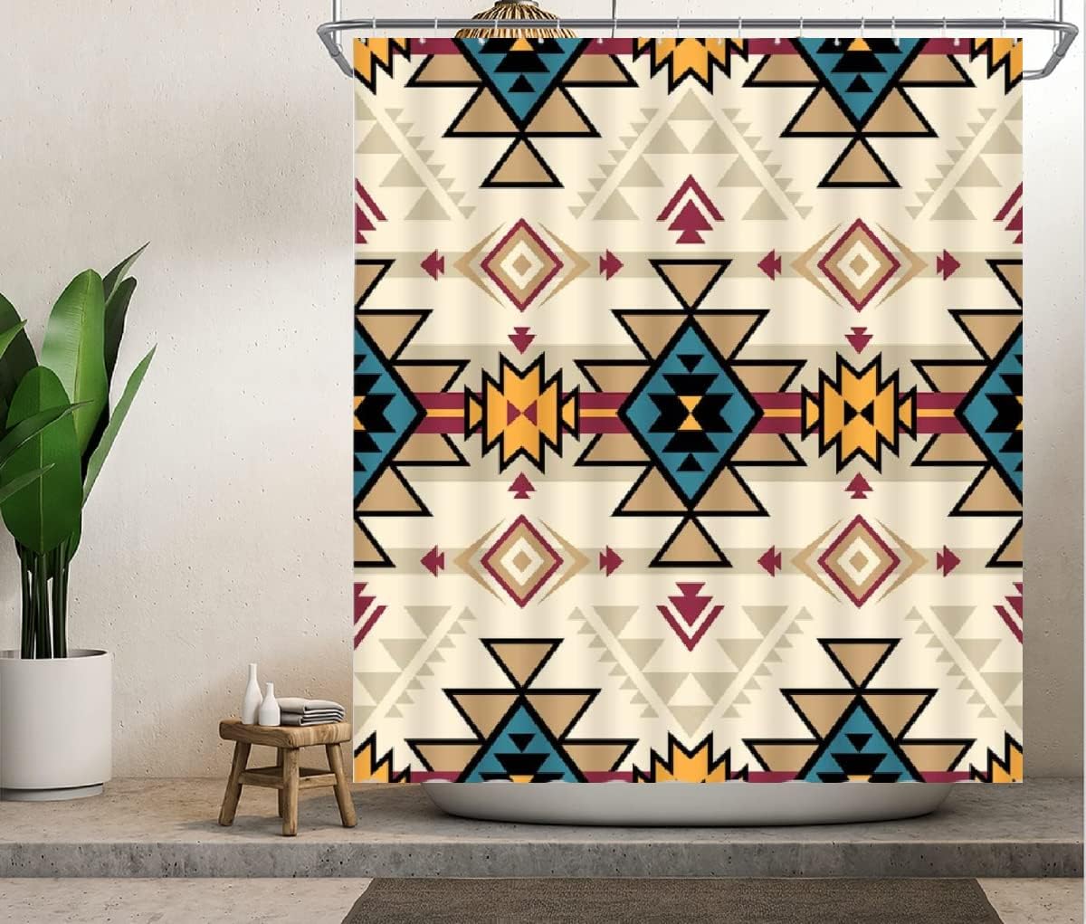 Blue Tan Beige Aztec Shower Curtain For Southwest Bathroom Decor
