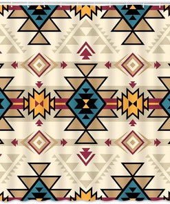 Blue Tan Beige Aztec Shower Curtain For Southwest Bathroom Decor