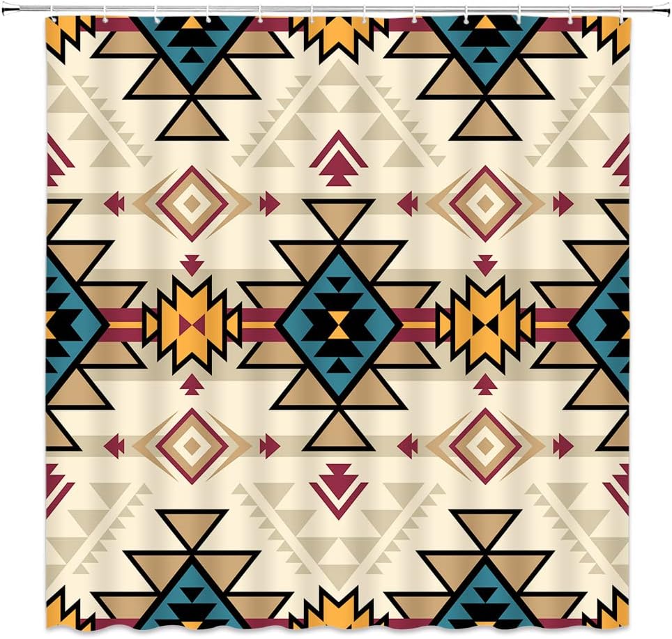 Blue Tan Beige Aztec Shower Curtain For Southwest Bathroom Decor