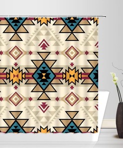 Blue Tan Beige Aztec Shower Curtain For Southwest Bathroom Decor