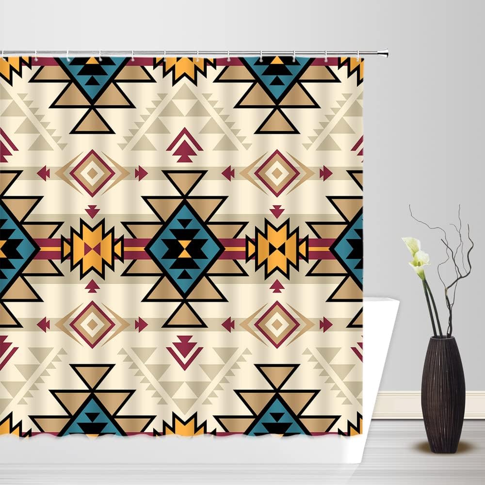 Blue Tan Beige Aztec Shower Curtain For Southwest Bathroom Decor