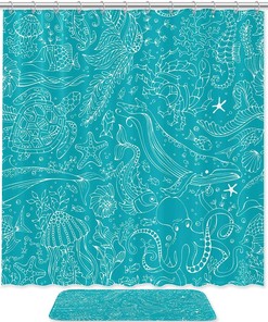 Blue Tortoise Octopus Whale Ocean Print Waterproof Shower Curtain for Bathroom Decor