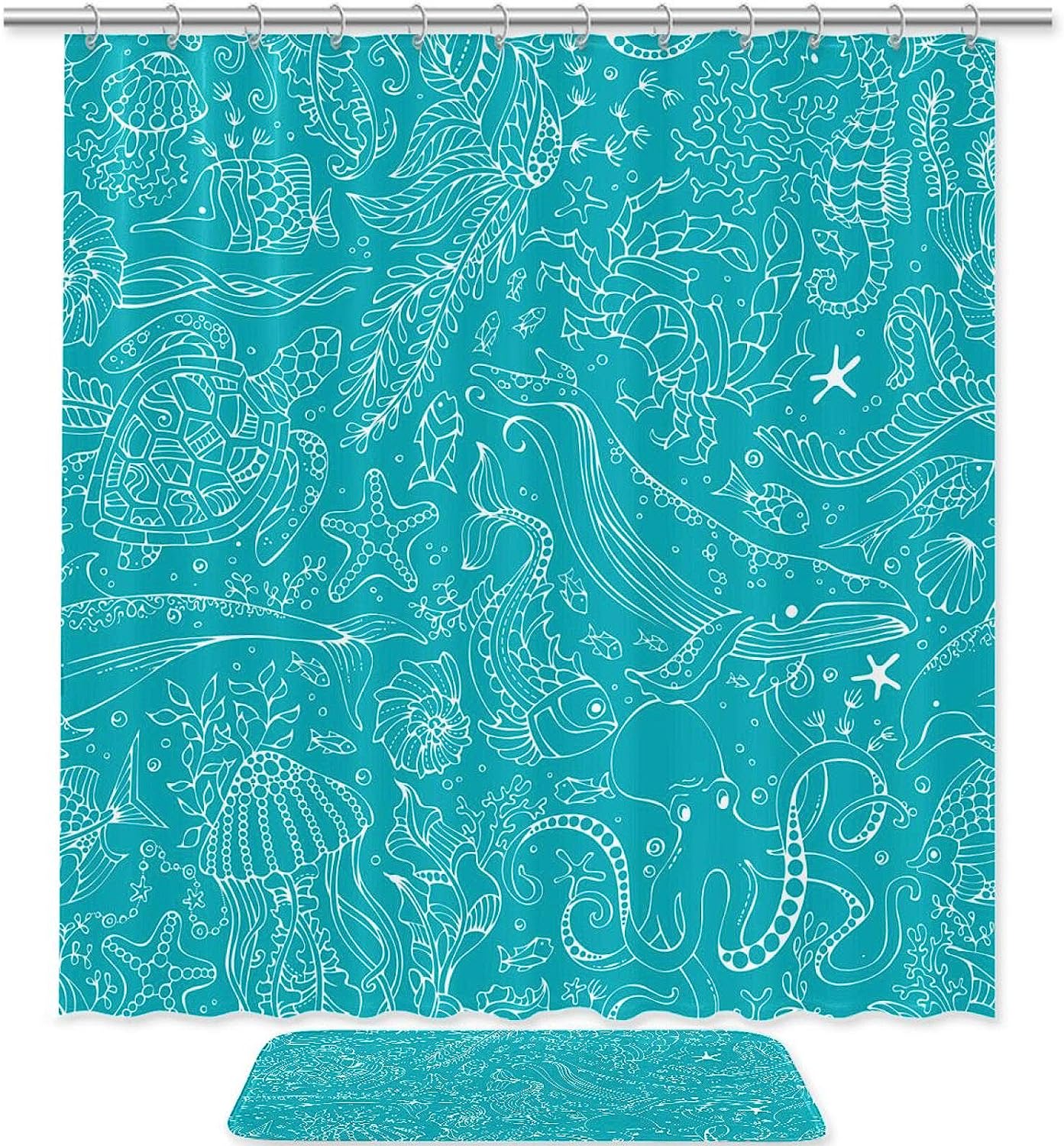 Blue Tortoise Octopus Whale Ocean Print Waterproof Shower Curtain for Bathroom Decor