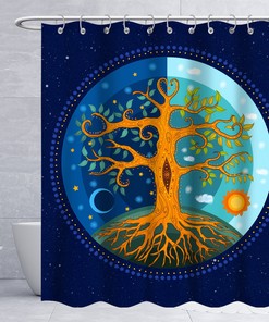 Blue Tree Of Life Shower Curtain With Sun, Moon And Gold Star Bathroom Decor