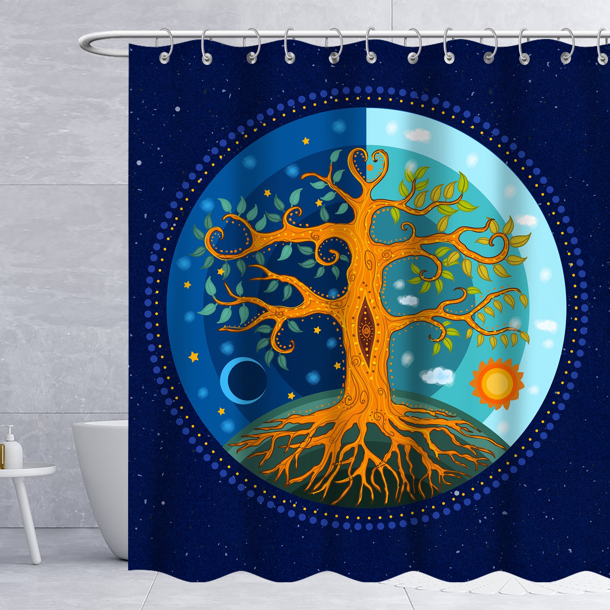 Blue Tree Of Life Shower Curtain With Sun, Moon And Gold Star Bathroom Decor