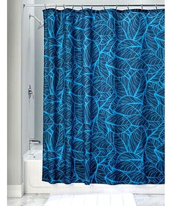 Blue Tropical Palm Leaf Fabric Shower Curtain With Classic Leaf Pattern