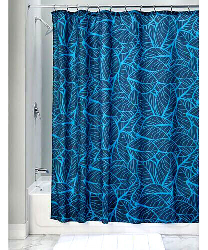 Blue Tropical Palm Leaf Fabric Shower Curtain With Classic Leaf Pattern