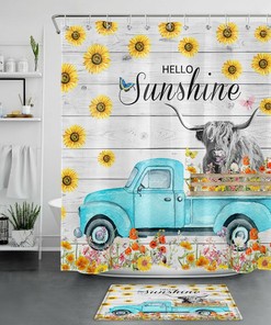 Blue Truck Highland Cow Vintage Shower Curtain with Sunflower Quote
